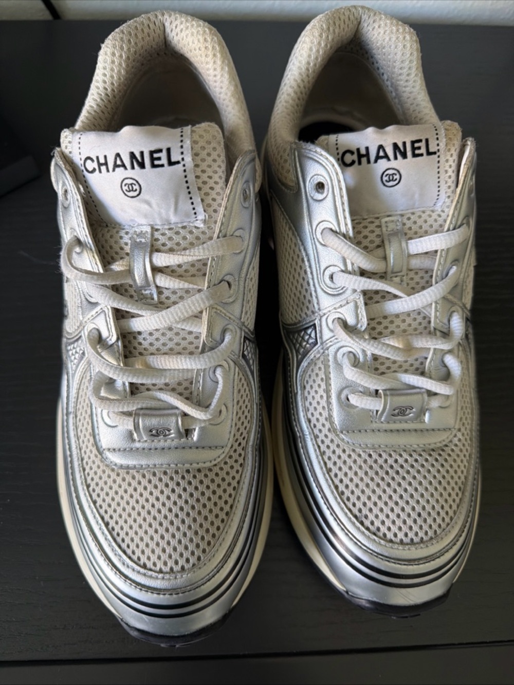 Authentic CHANEL Silver and White Mesh Runner Sneakers